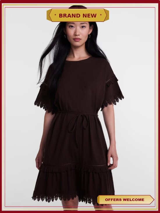 Other - Lace Trim Knit Dress Short Sleeves Tie Waist Pullover